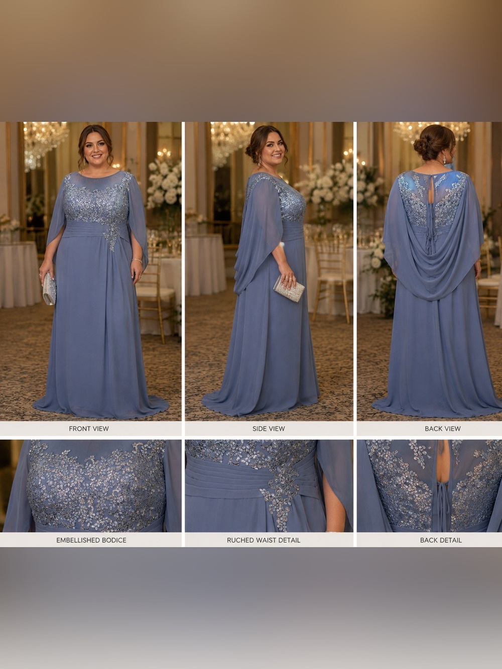 Plus-Size Dusty Blue Embroidered Maxi Dress with Cape Sleeves - Picture 10 of 13